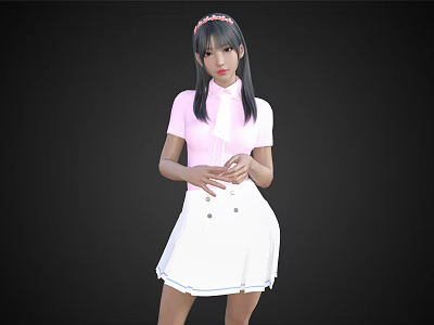 Woman Wearing Pink Top and White Skirt with Hair Accessory and Clasped Hands 3d model