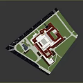 Cartoon Scene of Building Complex With Red Roofs Tower Plaza Roads And Green Areas