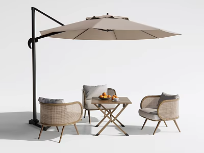 Outdoor Garden Table With Rattan Chairs And Large Beige Parasol Set 3d model