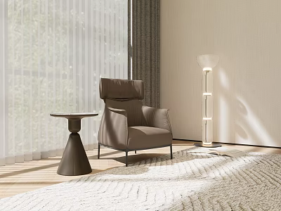 Beige Single Sofa with Side Table and Floor Lamp in Bright Modern Living Room 3d model