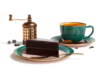 Indulgent Chocolate Cake Served On Green Plate With Coffee Cup Brass Grinder And Spices 3d model