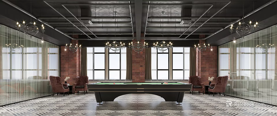 Elegant Billiard Room With Red Brick Walls Large Windows Chandeliers And Geometric Patterned Floors 3d model 