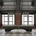 Elegant Billiard Room With Red Brick Walls Large Windows Chandeliers And Geometric Patterned Floors
