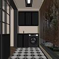Modern Laundry Room With Washing Machine Bamboo Blinds Woven Cabinets And Geometric Floor Tiles