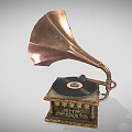 Vintage Electronic Gramophone With Brass Horn Decorative Base And Vinyl Record