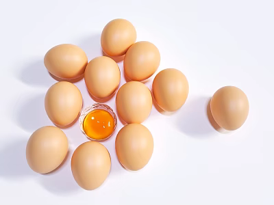 Several Fresh Brown Eggs Arranged with a Cracked Egg and Golden Yolk on White Background 3d model