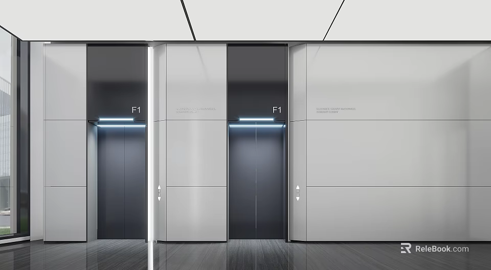 Modern Elevator Hallway With Sleek Doors F1 Indicators Gray Walls And LED Lighting 3d model 