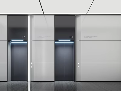 Modern Elevator Hallway With Sleek Doors F1 Indicators Gray Walls And LED Lighting 3d model