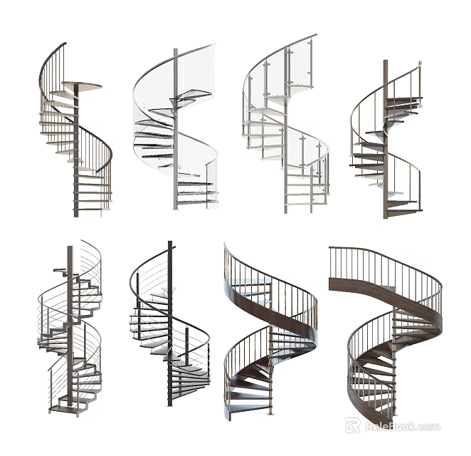 Spiral Staircases With Various Designs And Metal Railings For Modern Spaces 3d model 