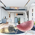 Modern Apartment With Glass Railing Staircase Sofa Colorful Pillows Chandelier Green Plants And Marble Floor