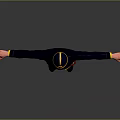 Uniformed Human Figure In Dark Blue Uniform With Yellow Accents Arms Outstretched And Brown Holster