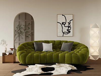 Green Tufted Sectional Sofa With Gray White Pillows Cowhide Rug Abstract Art And Floor Lamp 3d model