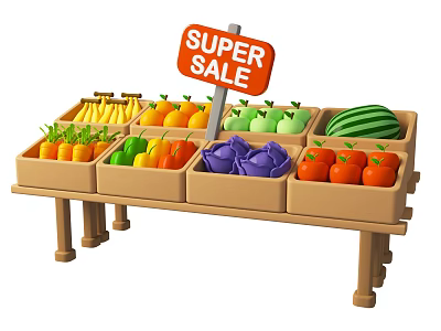Fresh Assorted Fruits Market Display with Wooden Crates and Super Sale Sign 3d model