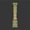 Scenic Ancient Stone Structure Covered With Green Moss Arched Window And Columns