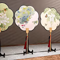 Traditional Decorative Ornament Set With Round Fans Floral Patterns Butterfly Designs And Black Stands