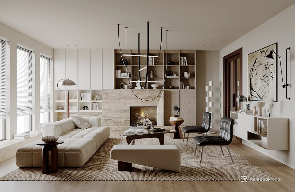 Modern Living Room Interior Design With Beige Sofa Fireplace Area Rug And Built-in Bookshelves 3d model 