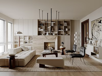 Modern Living Room Interior Design With Beige Sofa Fireplace Area Rug And Built-in Bookshelves 3d model