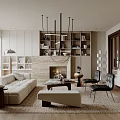Modern Living Room Interior Design With Beige Sofa Fireplace Area Rug And Built-in Bookshelves