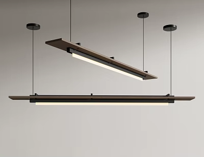 Modern Long Wooden Chandeliers with LED Light Strips and Black Hanging Hardware 3d model