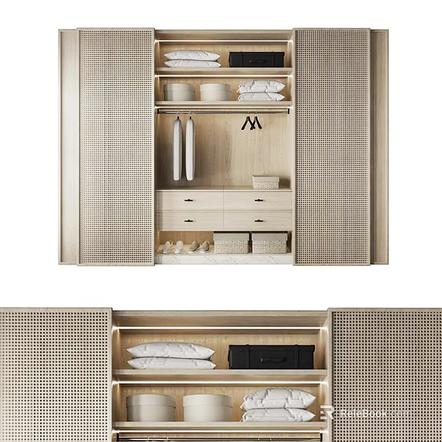 Modern Open Wardrobe Design With Woven Doors Storage Drawers And Folded Clothes 3d model 