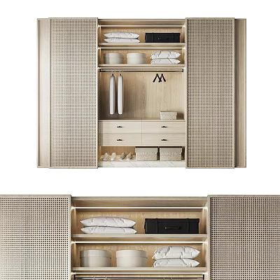 Modern Open Wardrobe Design With Woven Doors Storage Drawers And Folded Clothes 3d model