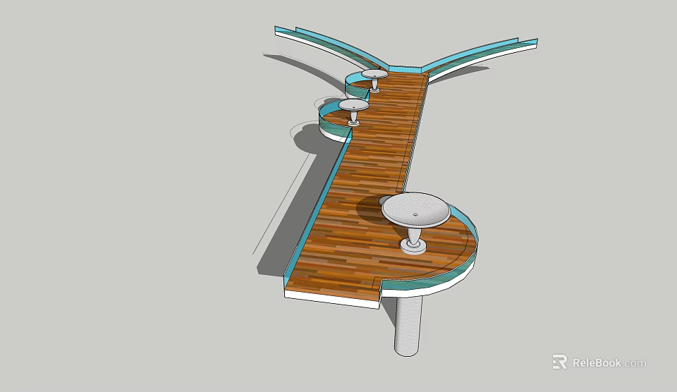 Outdoor Pergola Design With Wooden Walkway Curved Blue Canopy And Round White Tables 3d model 