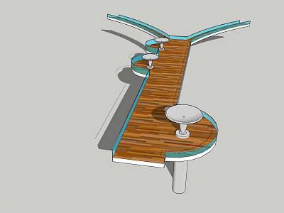 Outdoor Pergola Design With Wooden Walkway Curved Blue Canopy And Round White Tables 3d model