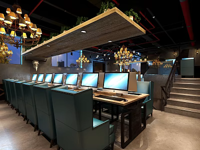 Modern Internet Cafe Interior With Multiple Computers Comfortable Seats And Chandelier Lighting 3d model