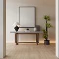 Modern Console Table Entryway With Framed Artwork Table Lamp And Potted Plant On Light Walls