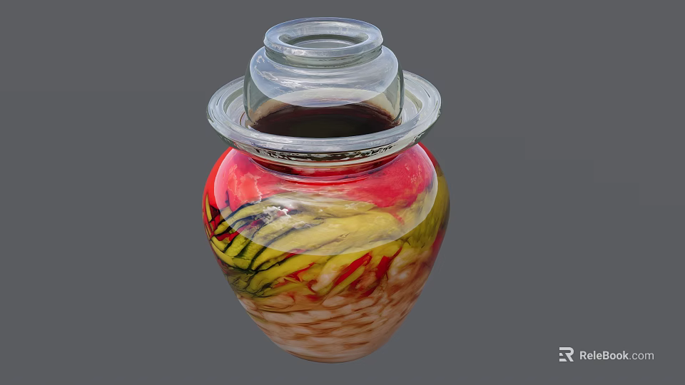 Colorful Ceramic Jar with Transparent Lid and Red Yellow Green Painted Patterns 3d model 