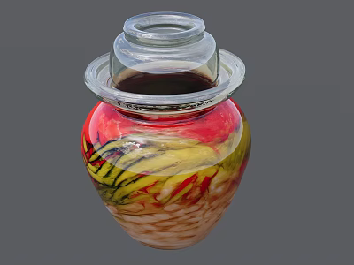 Colorful Ceramic Jar with Transparent Lid and Red Yellow Green Painted Patterns 3d model