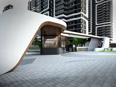 Modern Entrance Gate With Curved White Structure And Wooden Accents Near High Rise Buildings 3d model
