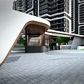 Modern Entrance Gate With Curved White Structure And Wooden Accents Near High Rise Buildings