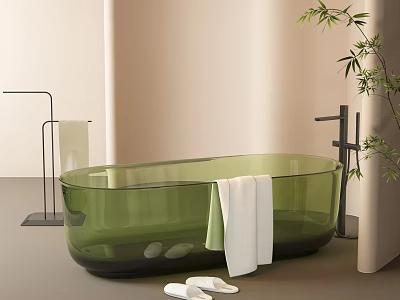 Green Transparent Bathtub with White Towel Slippers and Bamboo Plant in Minimal Bathroom 3d model