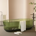 Green Transparent Bathtub with White Towel Slippers and Bamboo Plant in Minimal Bathroom