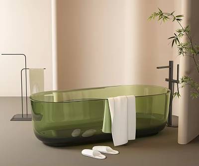 Green Transparent Bathtub with White Towel Slippers and Bamboo Plant in Minimal Bathroom 3d model