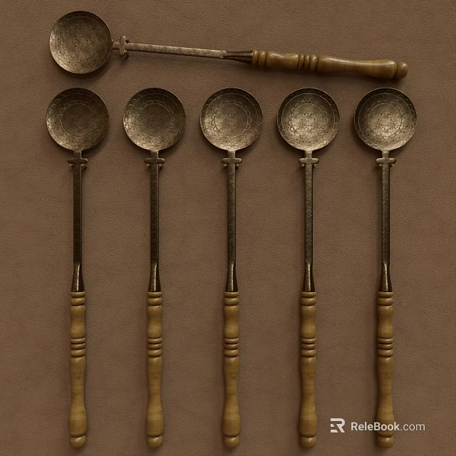Vintage Metal Spoons With Carved Wooden Handles Arranged In Row 3d model 