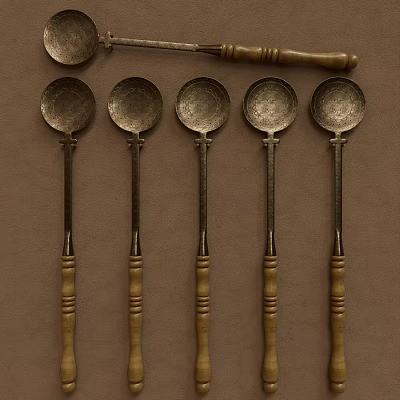 Vintage Metal Spoons With Carved Wooden Handles Arranged In Row 3d model