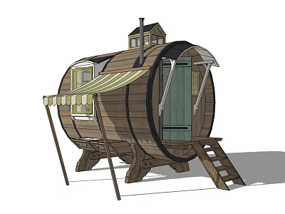Barrel Shaped Wooden House With Window Striped Awning Green Door And Wooden Ladder 3d model