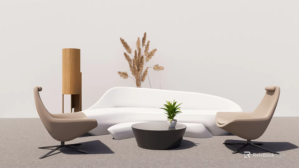 Modern White Sofa and Black Coffee Table Set with Beige Chairs and Plant Decor 3d model 