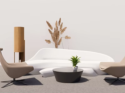 Modern White Sofa and Black Coffee Table Set with Beige Chairs and Plant Decor 3d model
