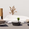 Modern White Sofa and Black Coffee Table Set with Beige Chairs and Plant Decor