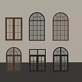 Various Floor to Ceiling Windows with Black and Brown Frames and Arched Designs 3d model