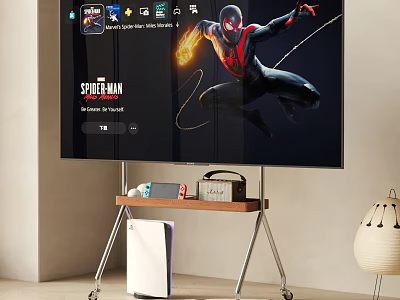 TV Displaying Spider-Man With Wheeled Wooden Cart And Devices Near Unique Lamp 3d model