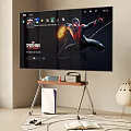 TV Displaying Spider-Man With Wheeled Wooden Cart And Devices Near Unique Lamp