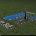 Large Industrial Factory Building Complex With Blue Roofs Chimney Cooling Tower And Greenery
