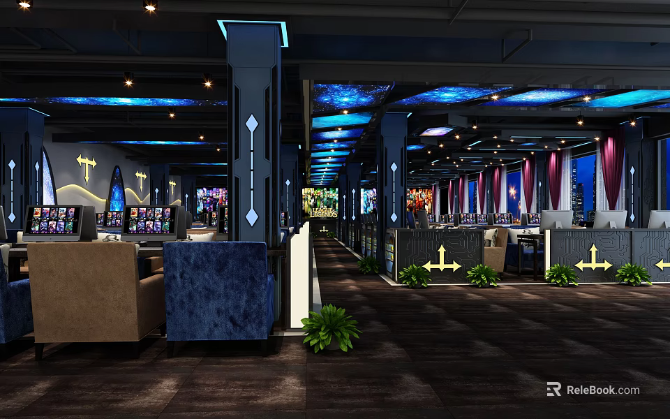 Modern Internet Cafe Interior With Gaming Computers Comfortable Seats And Ambient Lighting 3d model 
