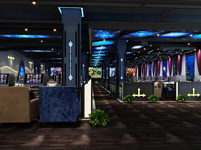 Modern Internet Cafe Interior With Gaming Computers Comfortable Seats And Ambient Lighting 3d model