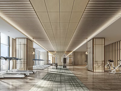 Bright Spacious Modern Gym Interior With Treadmills Fitness Equipment And Wooden Metal Elements 3d model