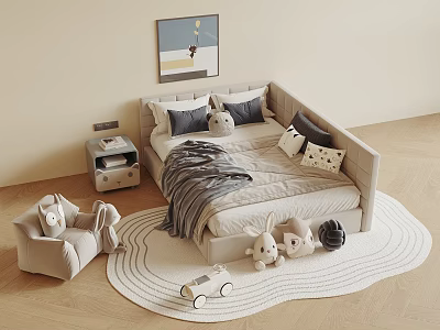 Cozy Children's Bed with Stuffed Toys Round Rug Wall Art and Child Chair 3d model